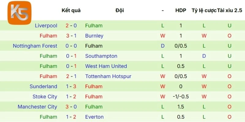 Kết quả những lần gần nhất Fulham ra sân